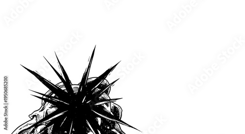 a head pierced by sharp spikes a stark black and white illustration symbolizing intense mental pain stress and overwhelming anxiety.