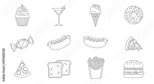 a collection of minimalist line art fast food sweet treat and snack icons perfect for unhealthy eating or menu graphic design.