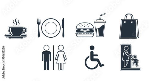 a collection of public service icons showing essential amenities like food shopping restrooms accessibility and baby care.