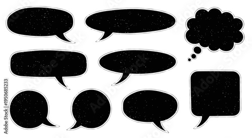 a collection of various black grunge speech and thought bubbles with distressed outlines perfect for graphic design and communication projects.