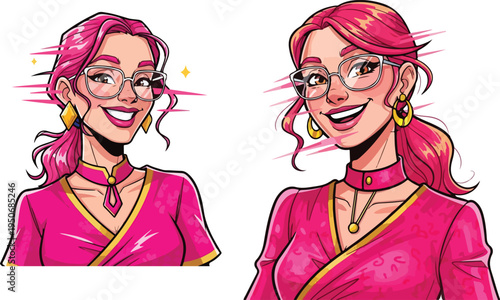 Stylish young woman with vibrant pink hair and large round glasses showing joyful expression on transparent background