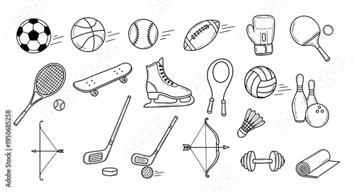 a collection of various sports equipment doodle icons and athletic activity symbols in simple line art style