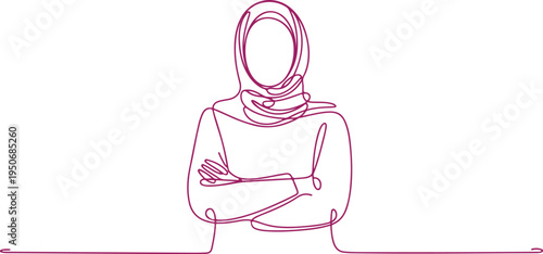 Woman wearing hijab arms crossed single line drawing purple