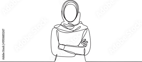 Woman wearing hijab arms crossed continuous line drawing