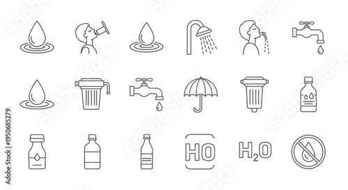 a collection of water line icons illustrating hydration purification household use chemical structure and no water symbols.