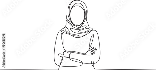 Woman wearing hijab arms crossed continuous line art