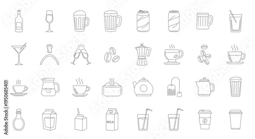 a diverse collection of line art beverage icons including coffee tea and alcoholic drinks perfect for menus or app ui.