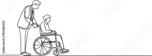 Man pushing woman in wheelchair continuous line drawing