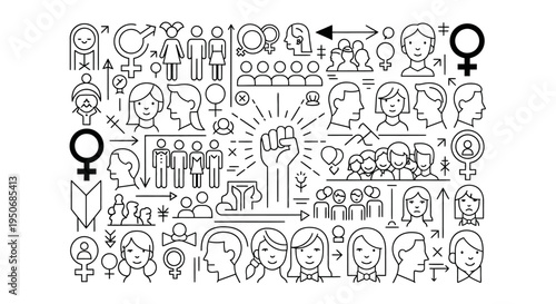 a diverse collection of line art icons illustrating gender equality identity and empowerment for social justice advocacy.