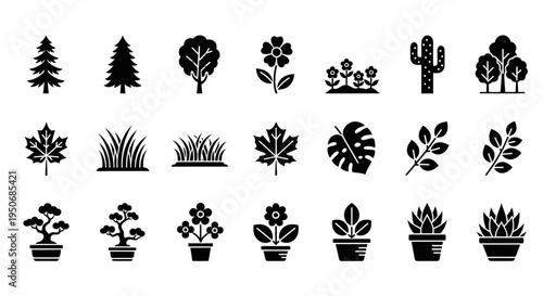 a diverse collection of plant and nature icons featuring trees leaves flowers succulents and grass in a modern vector style.