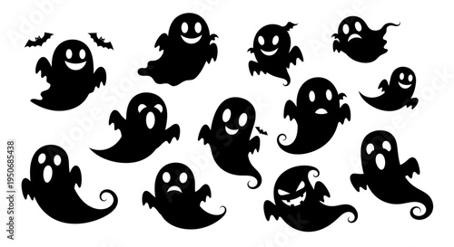 a diverse collection of spooky halloween ghost characters floating with various expressions on a white background ideal for design.