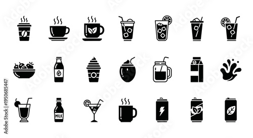 a diverse set of beverage icons showcasing hot and cold drinks like coffee tea juices and milk perfect for menu designs.