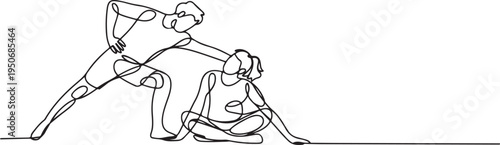 People stretching and supporting each other line art