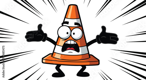 Scared orange and white cartoon traffic cone character looking surprised with wide eyes and open mouth, giving a thumbs down gesture on transparent background. on transparent background