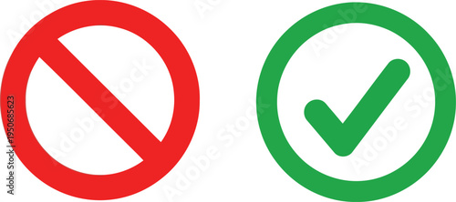 A red prohibition circle and a green check mark symbol isolated on a plain white background set Vector