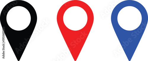 A set of three colorful map marker icons featuring black, red, and blue pins on a white background Vector