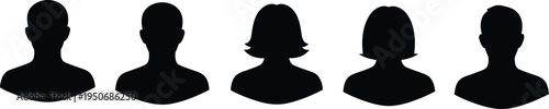 A horizontal sequence of five distinct human head and shoulder silhouettes in solid black color Vector