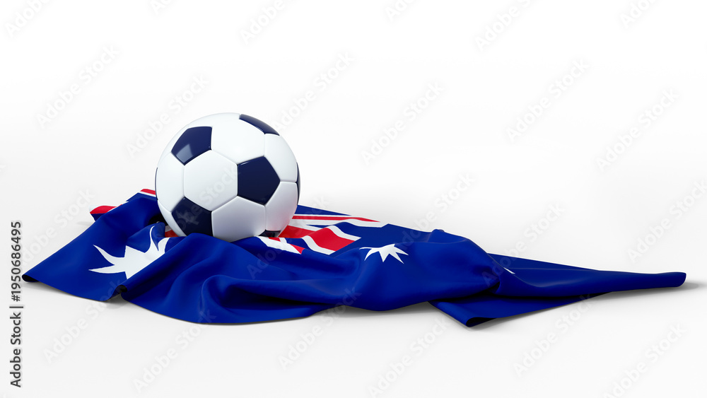 Naklejka premium A soccer ball rests atop a draped Australian flag against a transparent background. The clean, 3D-rendered composition symbolizes Australian national sports, football pride, and team spirit.