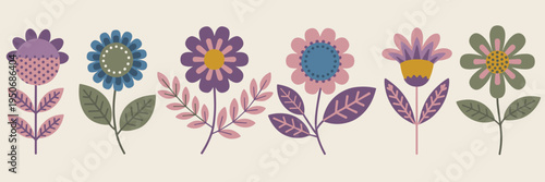 Six stylized folk flowers in pastel colors floral folk pastel