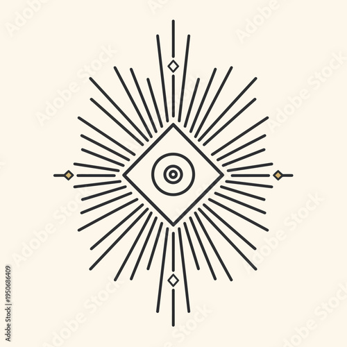 Geometric eye design with radial lines and decorative elements on cream