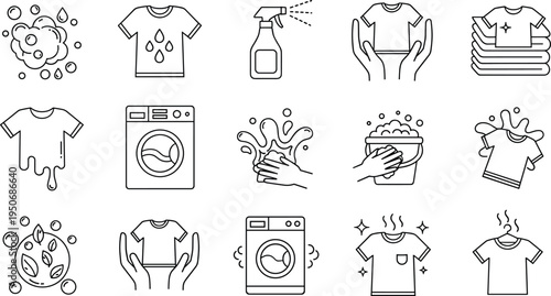 Laundry Icon Set featuring Washing Machine, Clothing Care, Stain Removal, Detergent Bubbles, Hand Wash, Drying Hanger, Clean Fabric, and Hygiene Symbols