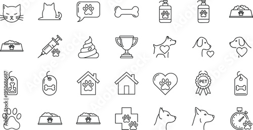 Pet Care Icon Set featuring Dog and Cat Symbols, Veterinary Medicine, Pet Food Bowls, Grooming Supplies, Animal Shelter, Paw Prints, and Hygiene