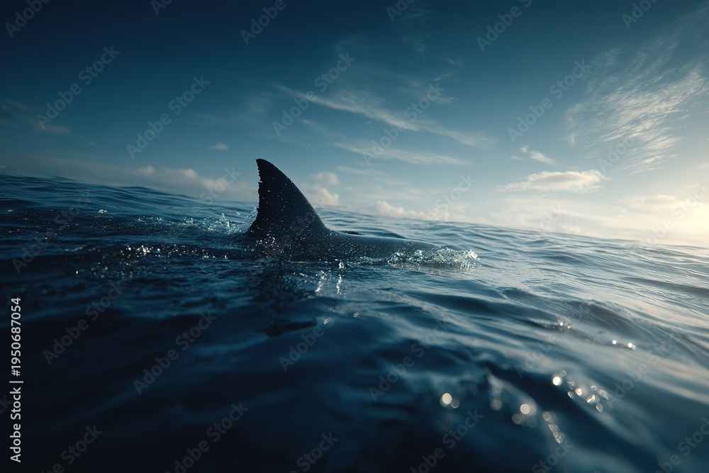 Fototapeta premium shark fin on surface of ocean agains blue cloudy sky