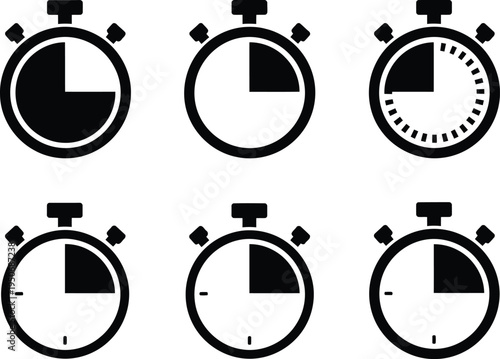 A collection of six black stopwatch icons representing different time intervals on a white background Vector