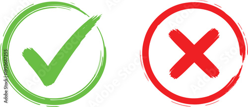 A green check mark and a red cross mark rendered with a rough textured brush stroke appearance Vector