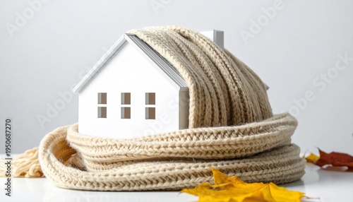 A small white house wrapped in a knitted scarf amid autumn trees, symbolizing warmth, insulation, and energy efficiency during colder seasonal transitions.