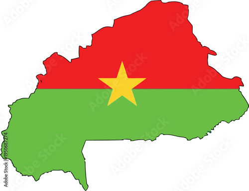 A detailed map of burkina faso filled with the national flag colors of red green and yellow star Vector