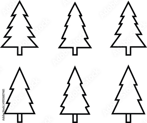 A collection of six simple black outline pine tree icons isolated on a clean white background Vector