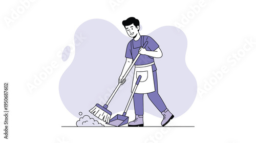 Happy Man Sweeping Floor with Broom and Dustpan, Professional Cleaner Illustration