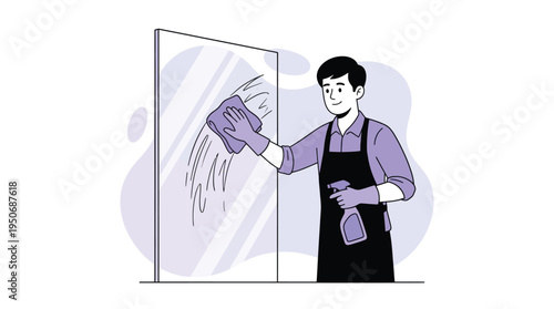 Diligent Male Cleaner in Apron and Gloves Professionally Washing a Glass Surface with Spray Bottle