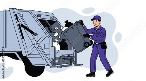 Professional Garbage Collector Emptying Waste Bin into Truck, Emphasizing Urban Sanitation and Environmental Care Illustration.