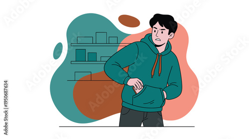 A young man in a green hoodie secretly puts something into his pocket, looking over his shoulder with a nervous and suspicious expression in a store setting.