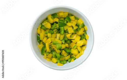 Diced Yellow and Green Bell Peppers in White Ceramic Bowl, Top View on Transparent Background
