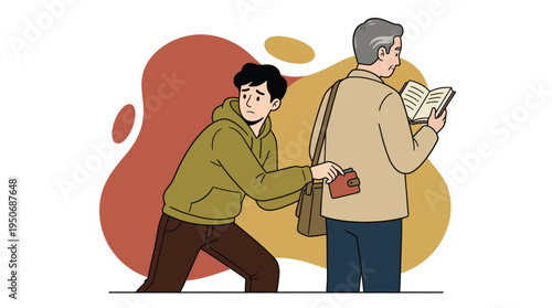 Young pickpocket attempts to steal wallet from unsuspecting older man reading a book, illustrating urban crime and social vulnerability.