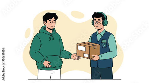 Happy Customer Receiving Package from Professional Courier Service in Modern Flat Illustration