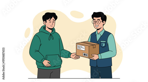 Friendly Delivery Man Handing Over a Cardboard Package to a Young Customer, Representing Fast E-commerce Home Delivery Service
