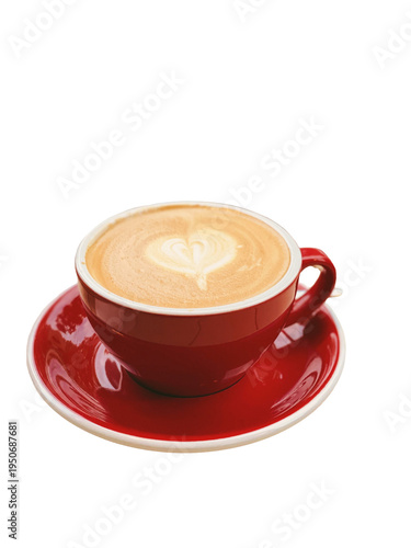 Red Ceramic Cup of Cappuccino with Heart Latte Art on Matching Saucer, Isolated on Transparent Background
