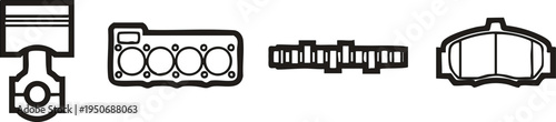 Set of automotive engine part icons including piston cylinder block crankshaft and brake pads for mechanical or repair concepts isolated on white