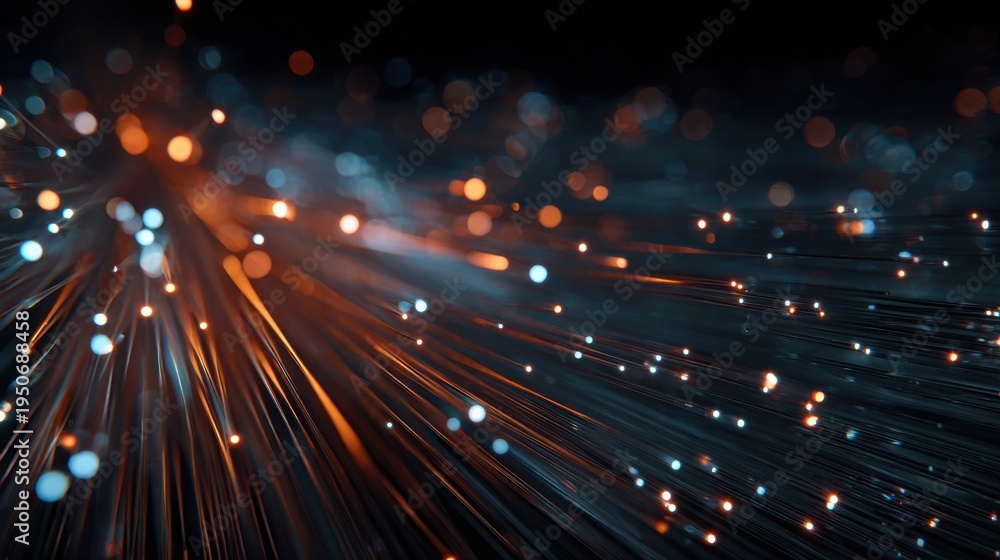 Fototapeta premium Fiber optic strands streaming light across dark background