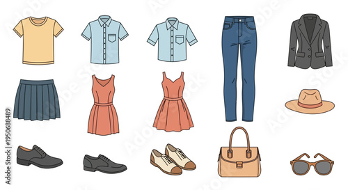 Fashion clothing and accessories on display.