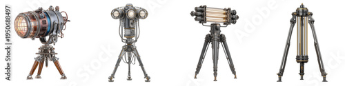 3D Vintage Camera on Tripod Set Retro Film Production Equipment Classic Cinematography Studio Collection Isolated on transparent background