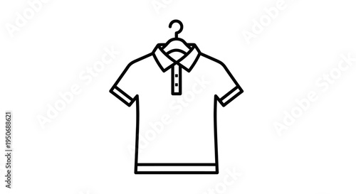 a minimalist black and white line art illustration of a classic polo shirt hanging on a hanger ideal for fashion or apparel graphics.
