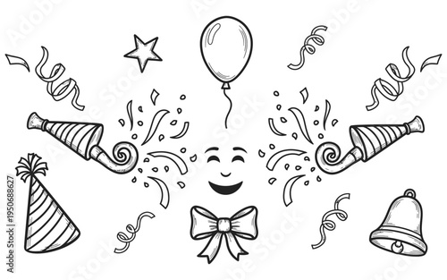 A joyful celebration scene with a smiling face surrounded by festive party elements and decorations