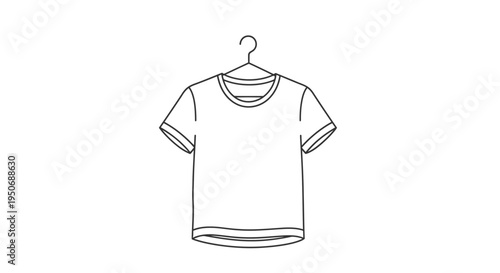 a minimalist line art illustration of a plain t-shirt hanging on a wire hanger isolated for apparel design and fashion concepts.