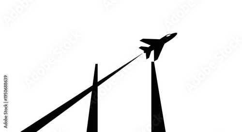 a minimalist graphic illustration of a fighter jet ascending over abstract structures connected by lines symbolizing progress and ambition