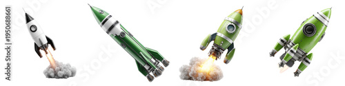 3D Cartoon Rocket Launch Set Cute Spaceship Takeoff Scene Space Adventure Toy Style Collection Isolated on transparent background